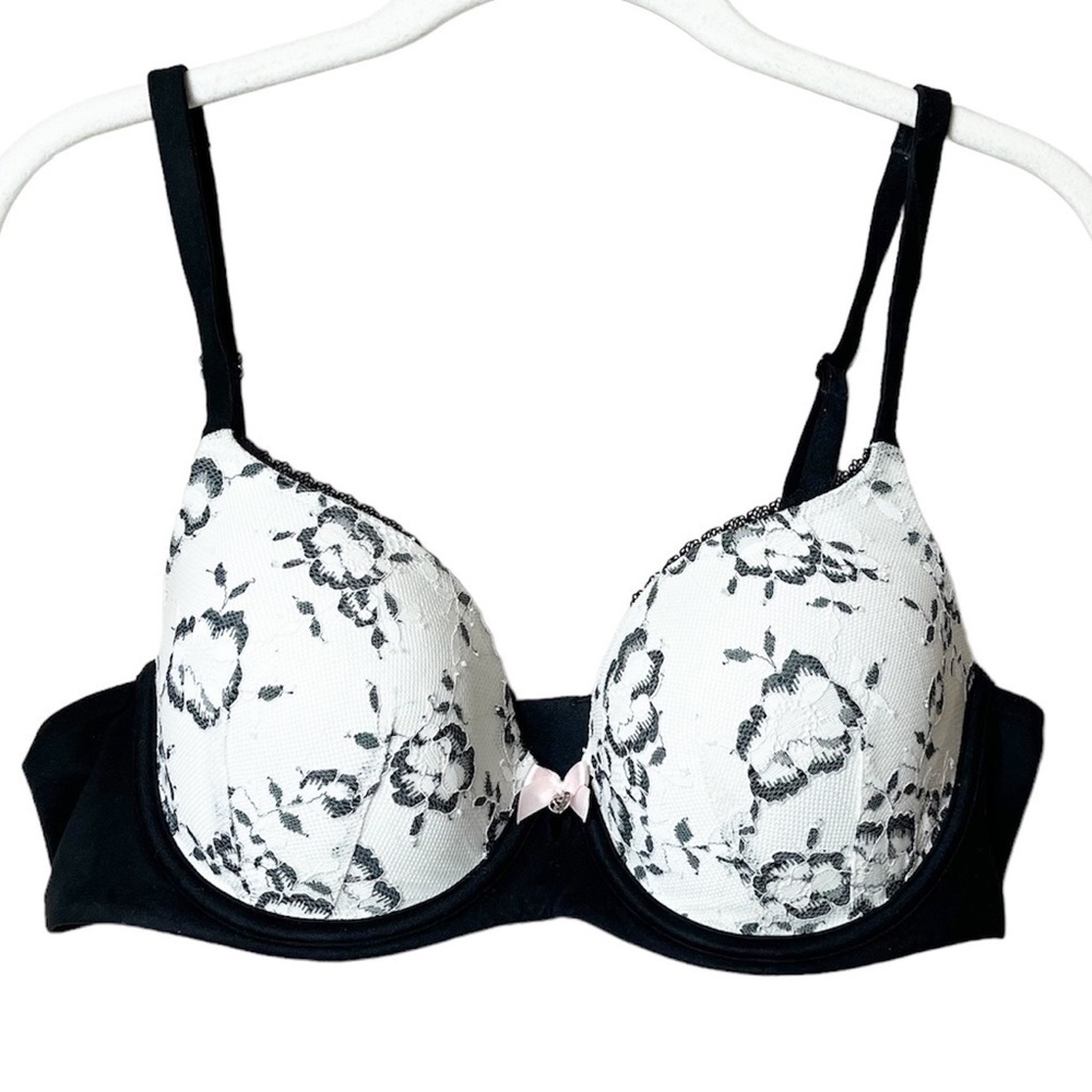 Victoria’s Secret Lined Demi Bra 34D black‎ white lace underwire convertible